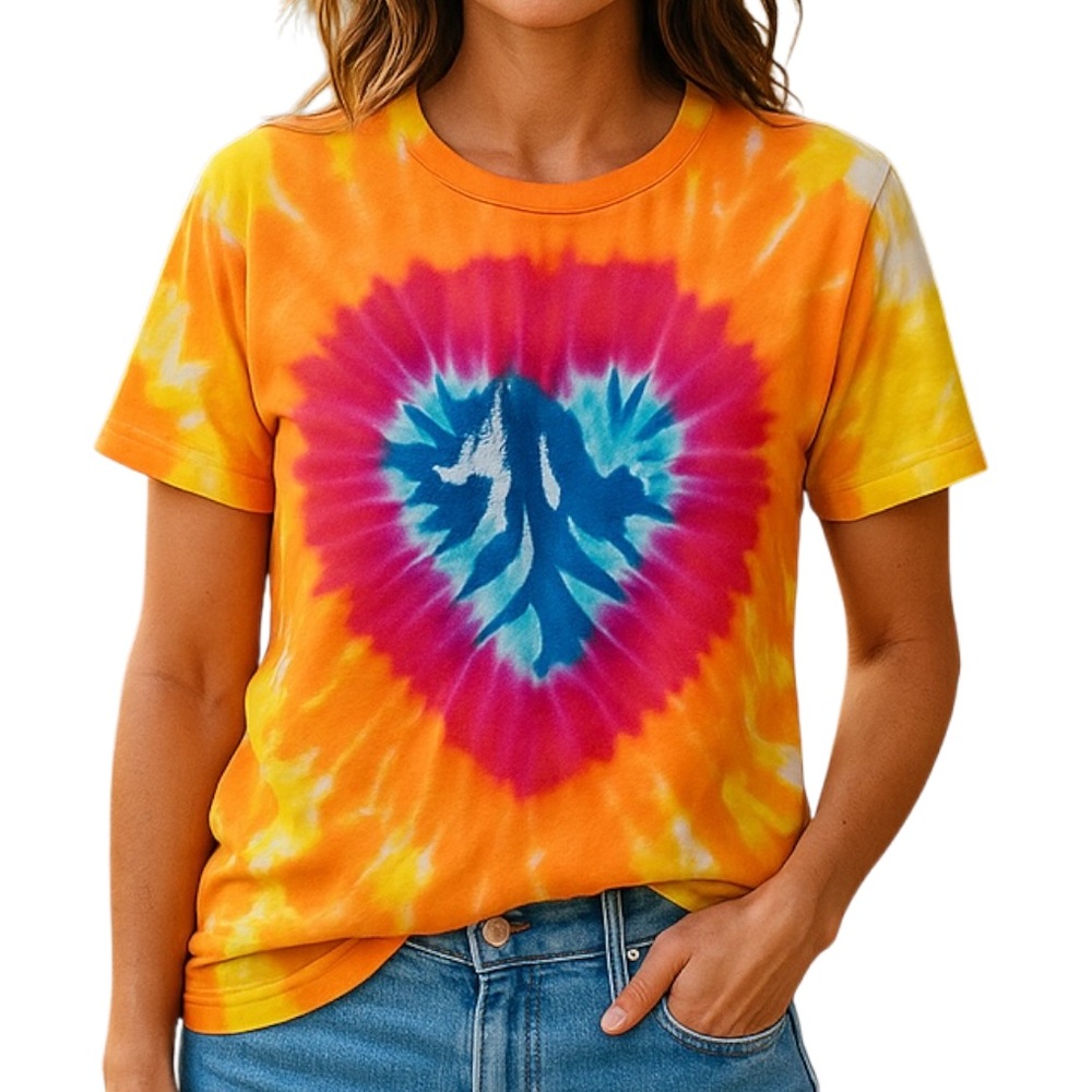 HANDCRAFTED Tie Dye T Shirt Heart Design Red Blue Orange Yellow Womens SZ Small